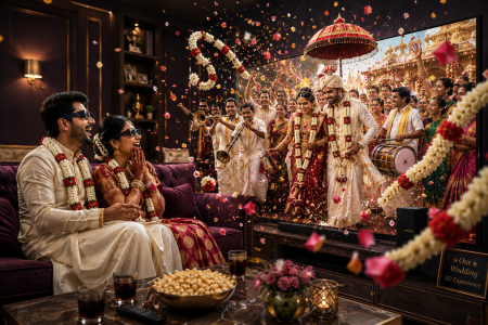 Bride and groom in traditional cream and red attire sit on a purple sofa, laughing as their3D wedding is shown on a large 3D TV with confetti and guests celebrating on screen