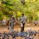 Couple in black-and-white polka dot outfits holding hands while pigeons gather on a dirt path in a park with green trees in the background.